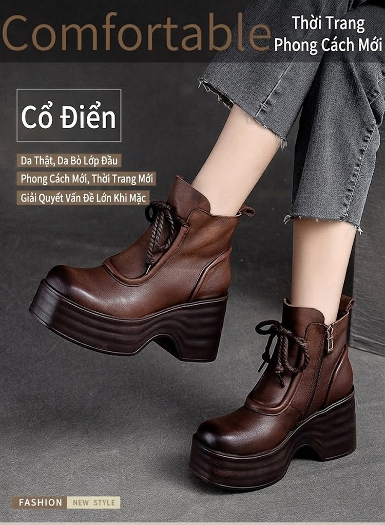 Boot Nữ Cổ Ngắn Da Bóng Lót Lông Chiều Cao Đế Khoảng 6cm Màu Đen, Nâu chi tiết 1