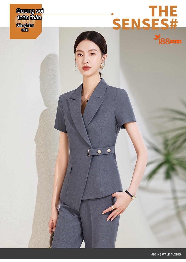 Bộ Vest Nữ Tay Ngắn Quần Dài Công Sở Thanh Lịch Màu Xám, Kem, Đen, Xanh Navy chi tiết 2