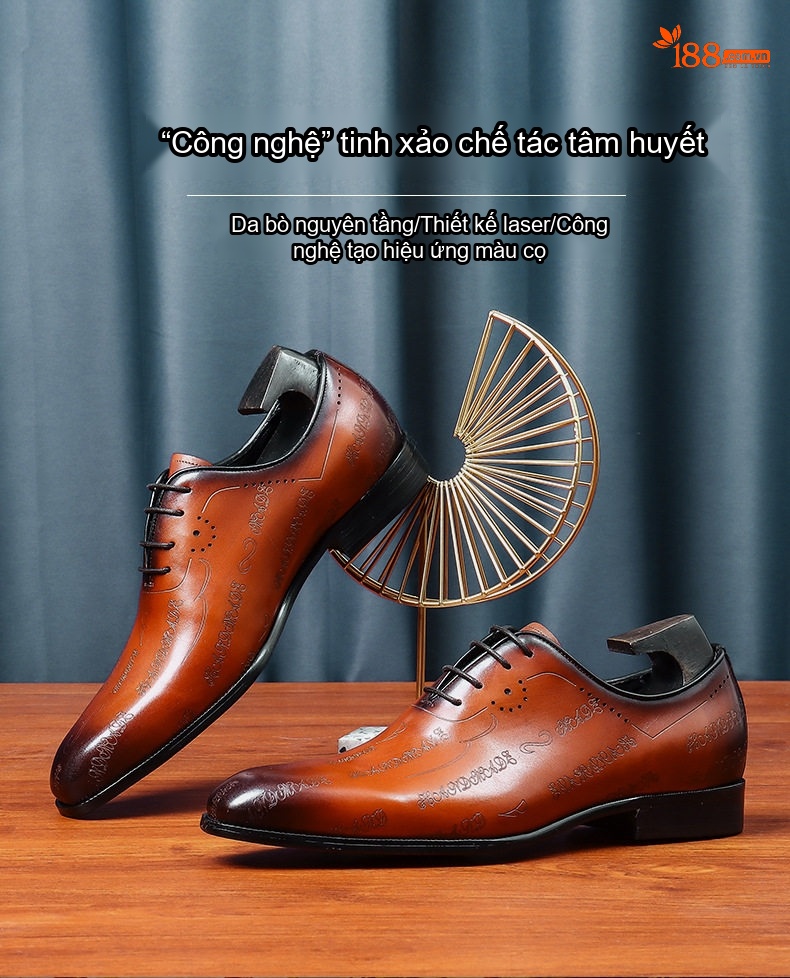 Giày Tây Buộc Dây Nam Da Bò Cao Cấp Chiều Cao Đế Khoảng 3cm Màu Nâu Đậm chi tiết 1