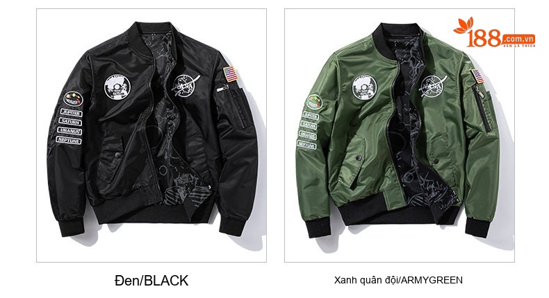 Áo Khoác Bomber Nam Nữ Dáng Rộng Hai Mặt Mặc Thu Đông Phong Cách Phi Công NASA Màu Xám, Xanh Navy, Xanh Lá, Đen... chi tiết 13