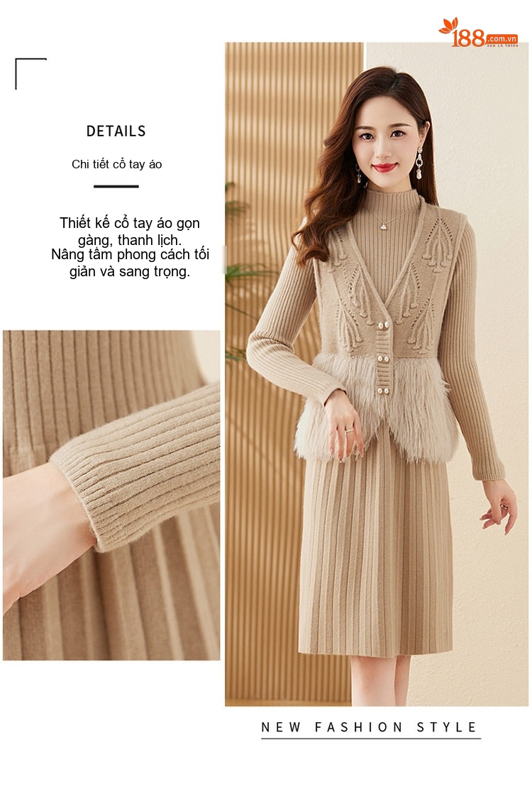 Set Áo Gile Lông Cừu Non Cổ chữ V Đính Cúc và Đầm Dệt Kim Liền Thân Nữ Màu Be, Xám, Nâu, Đỏ... chi tiết 4