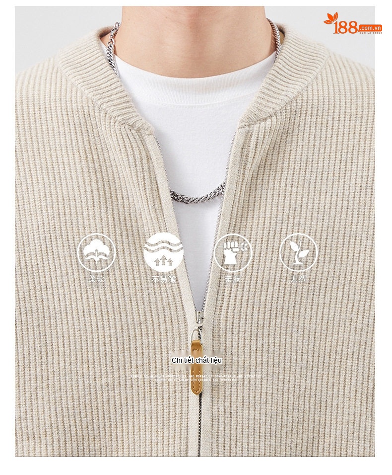 Áo Khoác Cardigan Nam Dệt Kim Cổ Bóng Chày Dày Dặn Màu Be, Đen chi tiết 2
