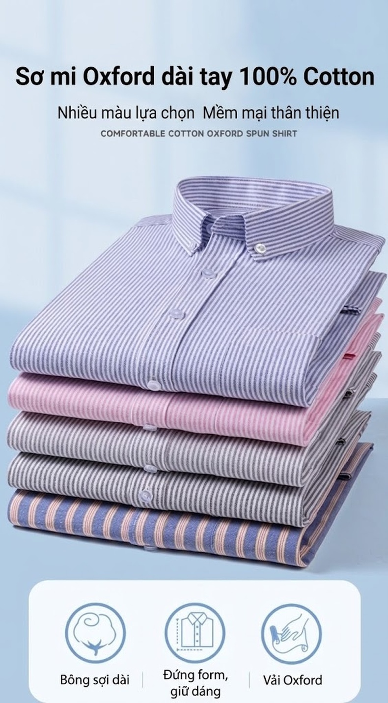 Áo Sơ Mi Nam Tay Dài Oxford Cotton Thoáng Khí Họa Tiết Kẻ Sọc Lớn Màu Xanh Dương, Đen, Trắng, Xám... chi tiết 2