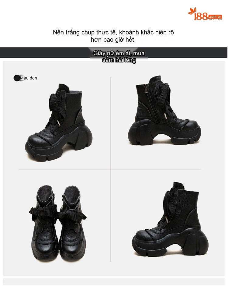 Boot Nữ Da Bò Cổ Cao Thắt Dây Phong Cách Âu Mỹ Chiều Cao Đế Khoảng 6cm Màu Đen, Nâu chi tiết 16