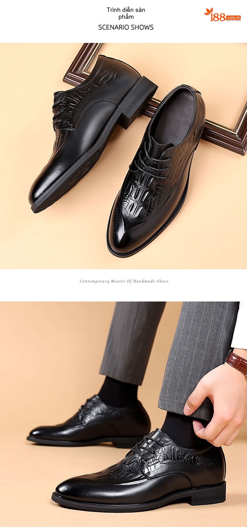 Giày Tây Buộc Dây Nam Da Bò Brogue Chiều Cao Đế 6cm Màu Đen chi tiết 14