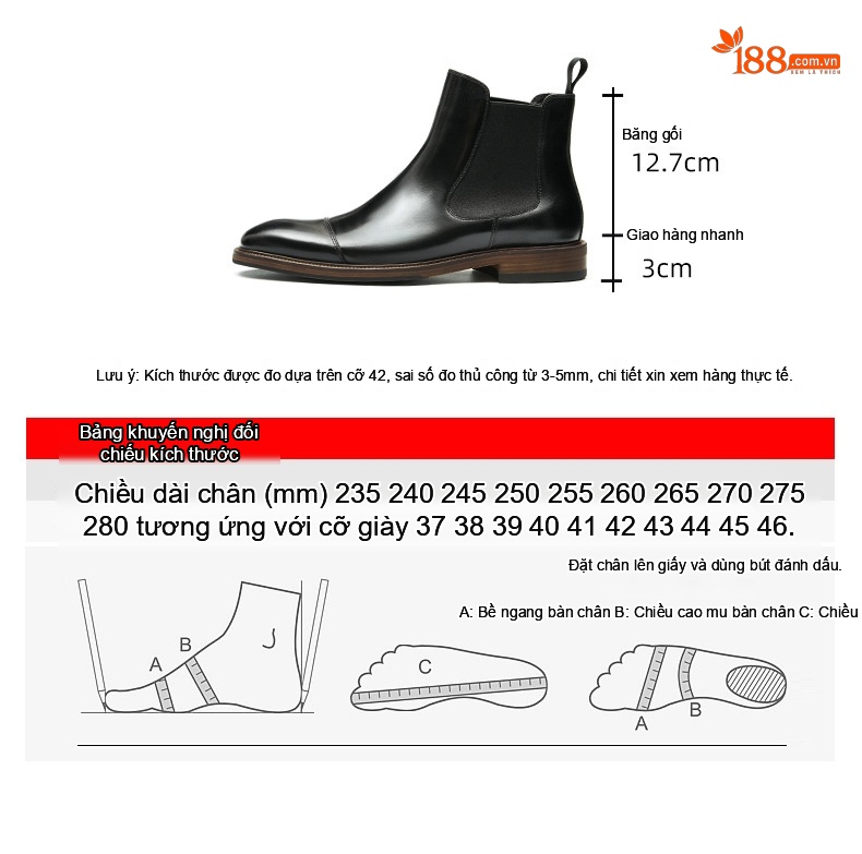 Chelsea Boots Nam Da Bò Cao Cổ Phong Cách Anh Quốc Chiều Cao Đế Khoảng 3cm Màu Đen, Nâu chi tiết 9