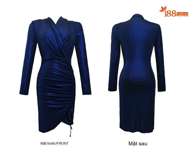 Đầm Ôm Body Nữ Cổ chữ V Thắt Dây Rút Tay Dài Xếp Ly Tôn Dáng Màu Xanh Navy chi tiết 6