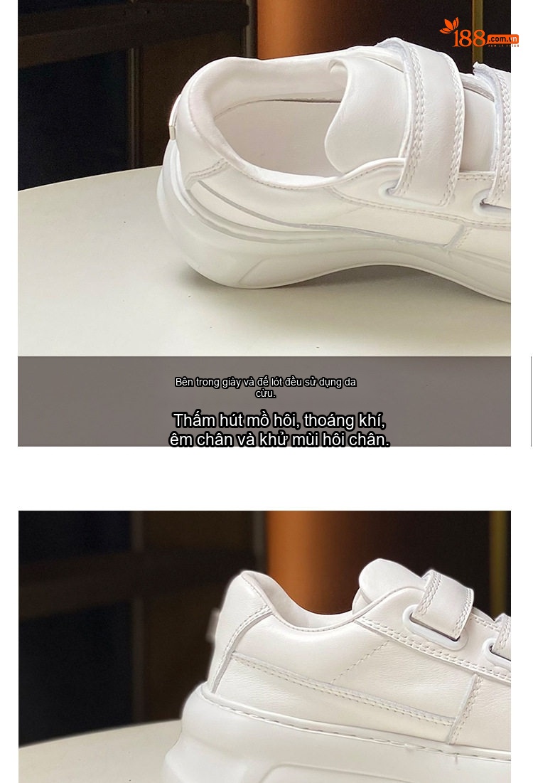 Giày Sneaker Nữ Da Bò Ma Thuật Dán Đế Cao 6cm Màu Trắng chi tiết 4