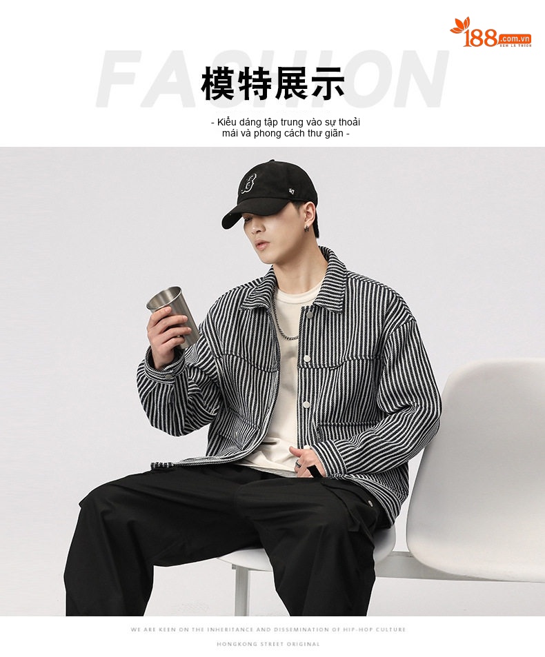 Áo Khoác Công Sở Nam Dáng Rộng Dày Dặn Họa Tiết Sọc Phong Cách Casual Màu Đen Trắng chi tiết 7