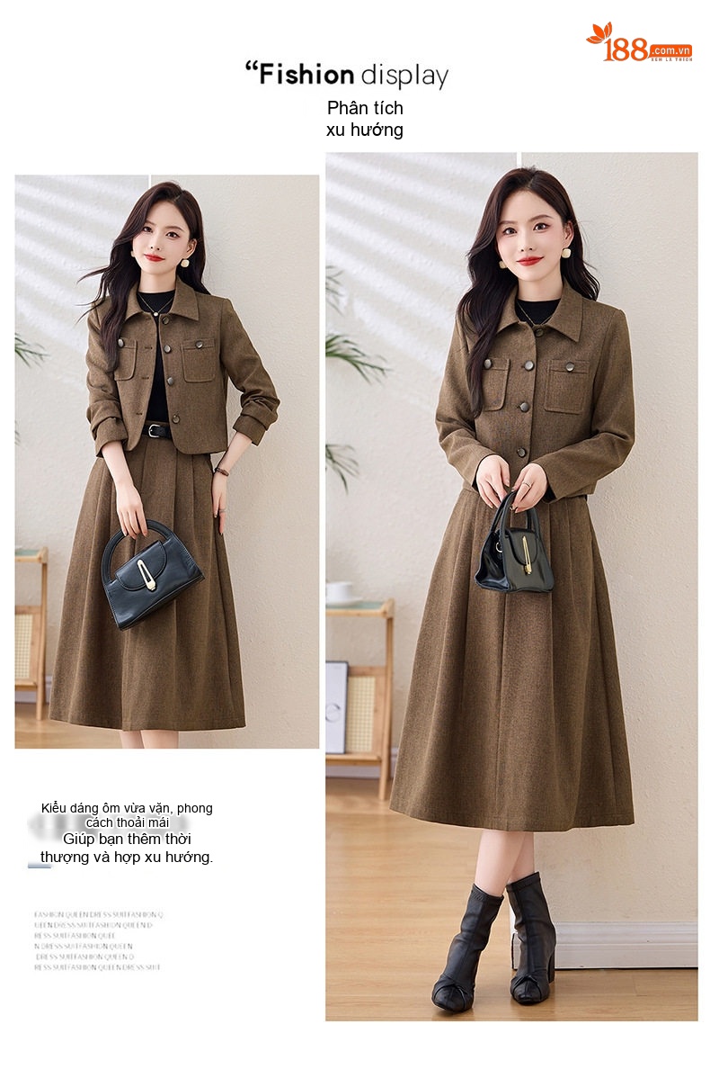 Set Áo Khoác Lửng và Chân Váy Midi Nữ Tính Thu Đông Kèm Thắt Lưng Màu Nâu chi tiết 2