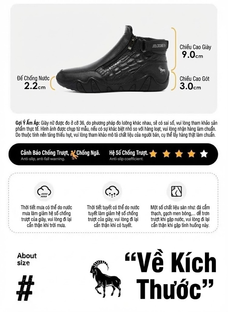 Giày Martin Cao Cổ Da Thật Khóa Kéo Đế Cao 3cm chi tiết 3