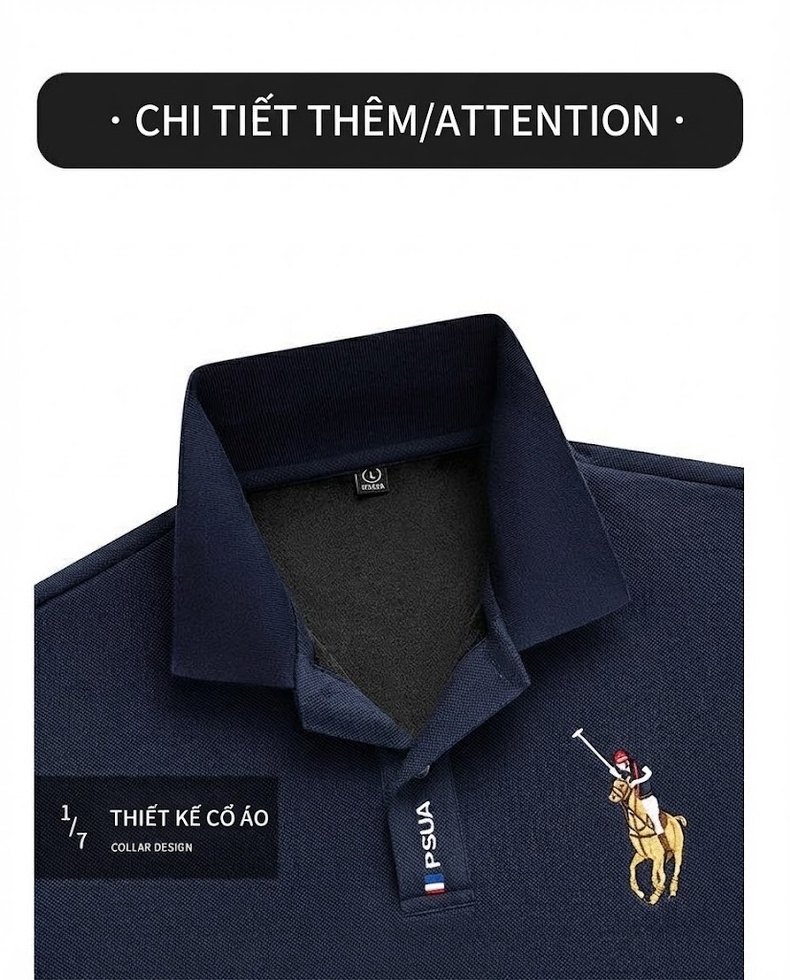 Áo Polo Nam Tay Dài Cotton Lót Lông Cừu Màu Xanh Dương, Xanh Navy, Kem, Xanh Lá chi tiết 20