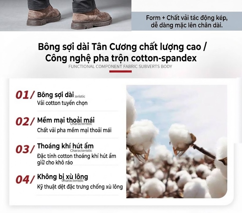 Quần Dài Cotton Nam Ống Đứng Co Giãn Thoải Mái Màu Đen, Xám, Nâu, Xanh Navy chi tiết 4