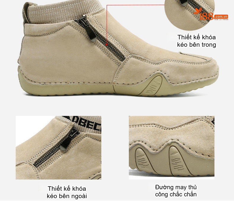 Giày Boot Martin Nam Da Thật Cổ Cao Chiều Cao Đế Khoảng 3cm Màu Be, Đen, Xám chi tiết 9
