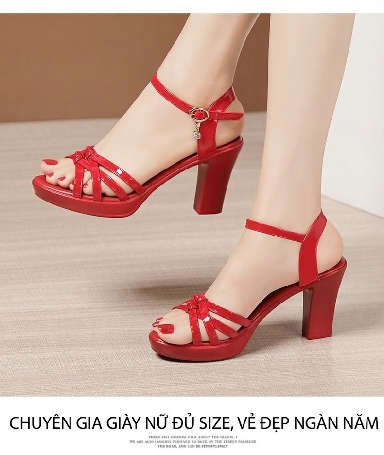 Giày Sandal Cao Gót Nữ Hở Ngón Quai Ngang Da Bóng Gót Cao 8cm Màu Đen, Đỏ, Trắng chi tiết 15