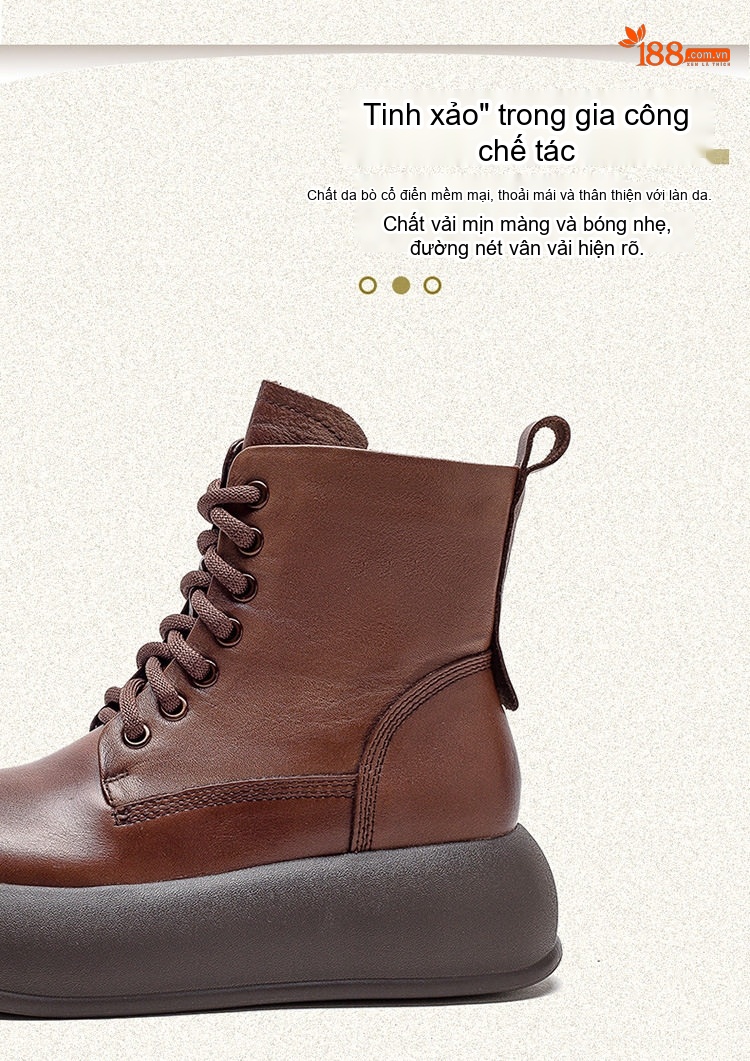 Boot Nữ Cổ Cao Da Bò Đế Dày Chiều Cao Đế Khoảng 5cm Phong Cách Retro Màu Đen, Nâu chi tiết 4
