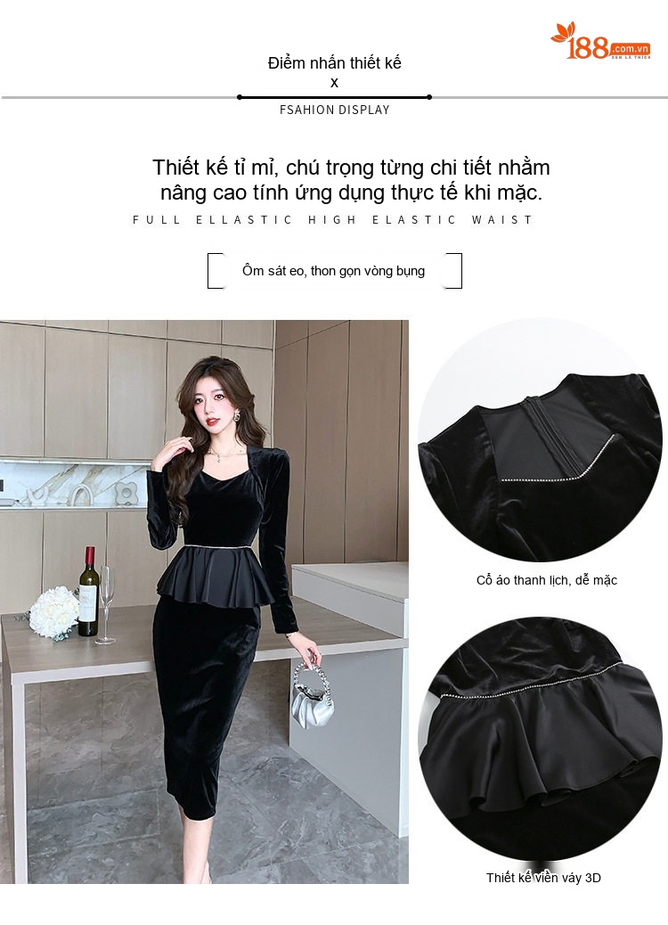 Váy Nhung Dài Tay Cổ Điển Phong Cách Quý Cô Thanh Lịch Màu Đen chi tiết 2