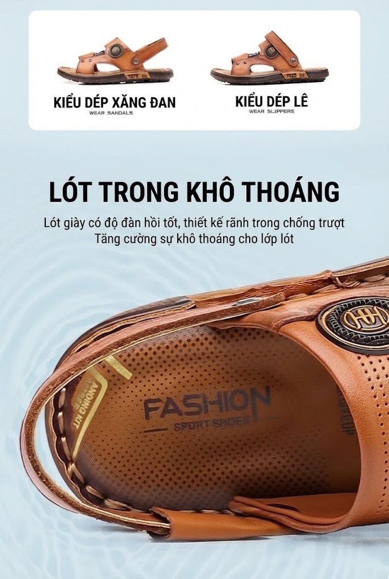 Dép Sandal Nam Da Thật Chống Trượt Thoáng Khí Chiều Cao Đế Khoảng 2cm Màu Nâu, Đen chi tiết 5