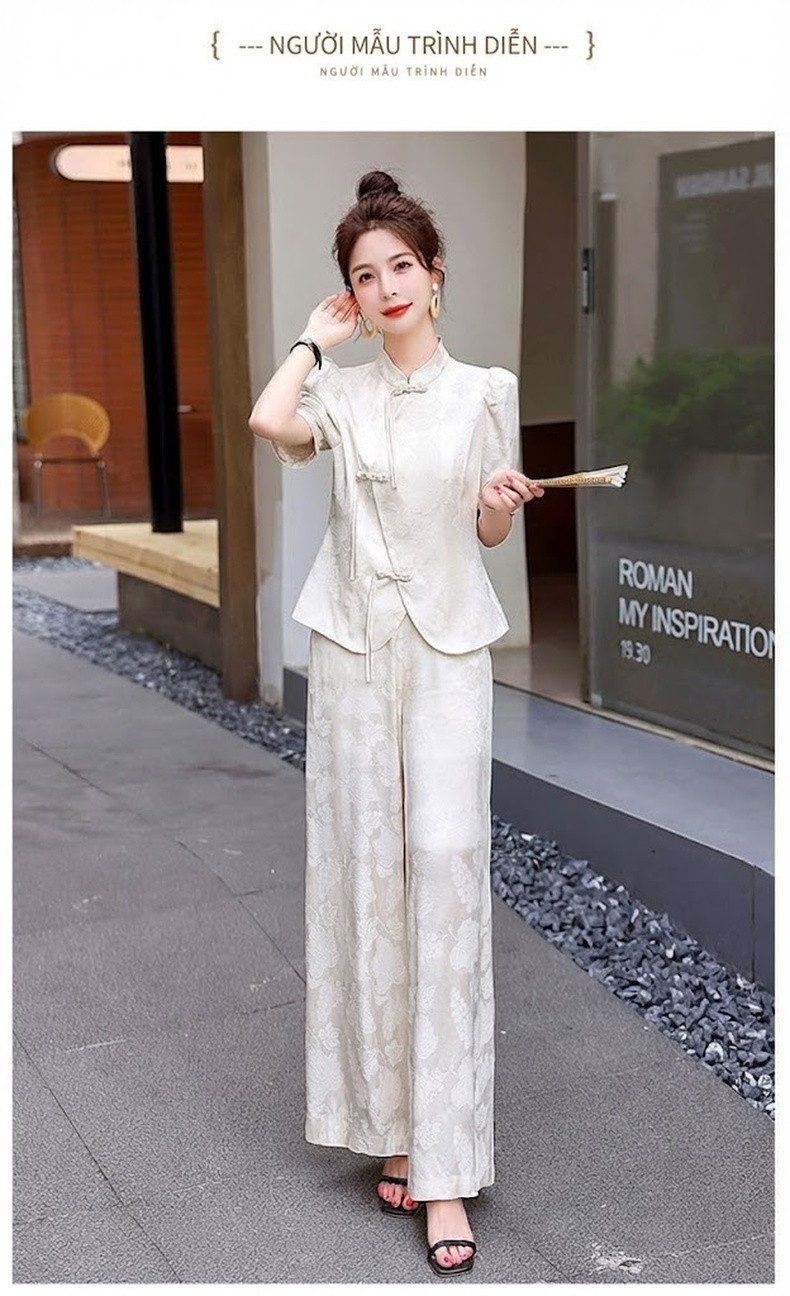 Set Bộ Quần Áo Nữ Kiểu Trung Hoa Cách Tân Áo Tay Ngắn Quần Ống Rộng Thời Trang Màu Trắng, Hồng chi tiết 12