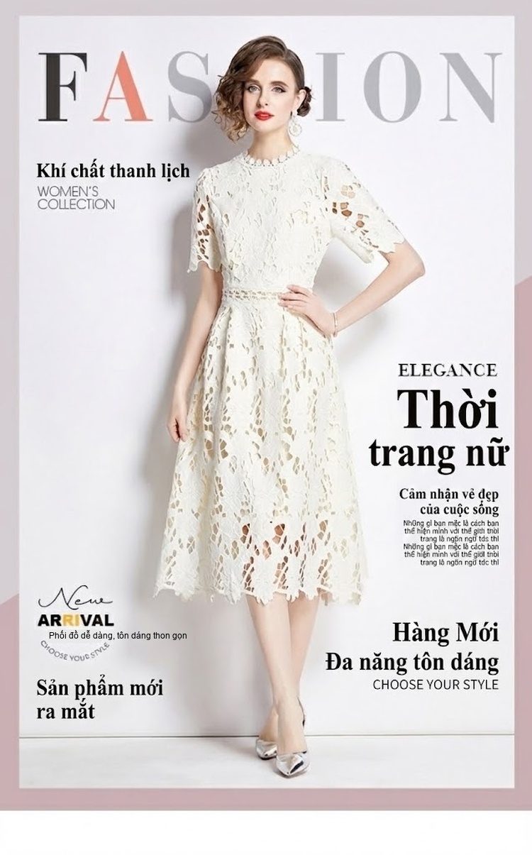 Váy liền thân Nữ Tay Ngắn Cổ Tròn Ôm Eo Dáng Chữ A Ren Nổi Màu Trắng Kem chi tiết 1