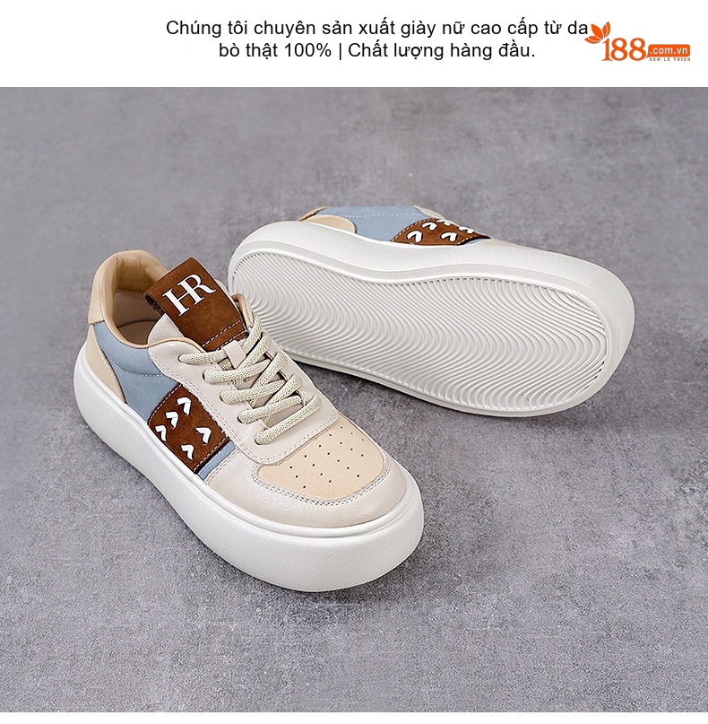 Giày Thể Thao Nữ Da Bò Đế Bánh Mì Chiều Cao Đế Khoảng 4cm Màu Be, Nâu, Xanh chi tiết 2