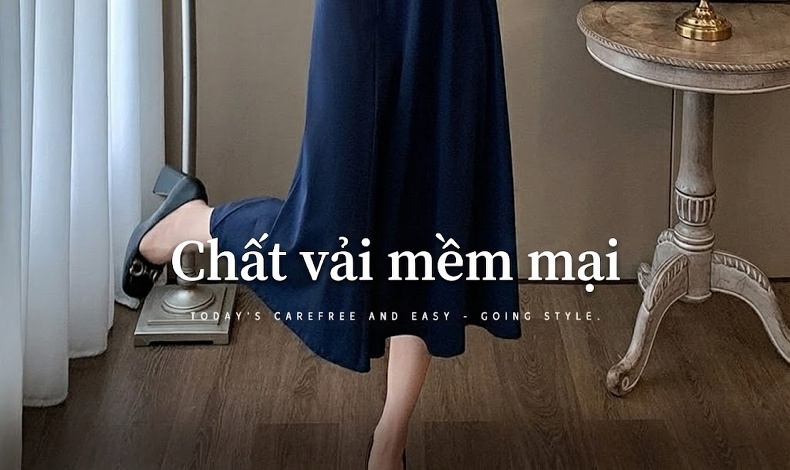 Đầm Liền Tay Dài Cổ Điển Thanh Lịch Màu Xanh Navy chi tiết 4