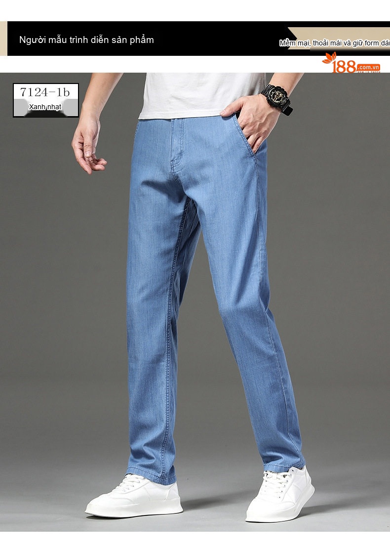 Quần Jeans Nam Ống Đứng Mỏng Co Giãn Nhẹ Thoải Mái Màu Xanh Đậm, Xanh Nhạt chi tiết 4