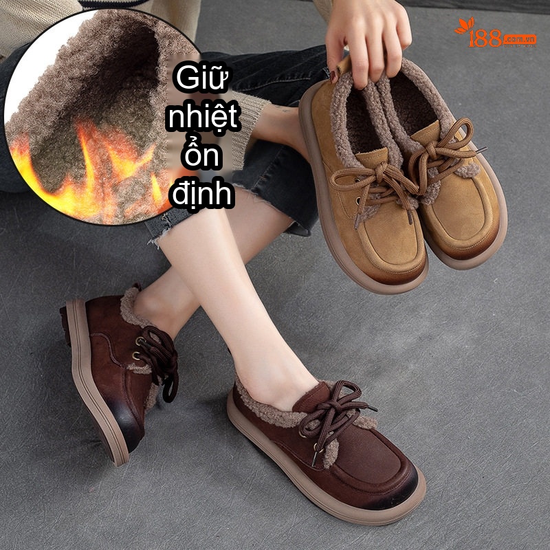 Giày Cotton Nữ Buộc Dây Lót Lông Chiều Cao Đế Khoảng 3cm Màu Nâu, Vàng