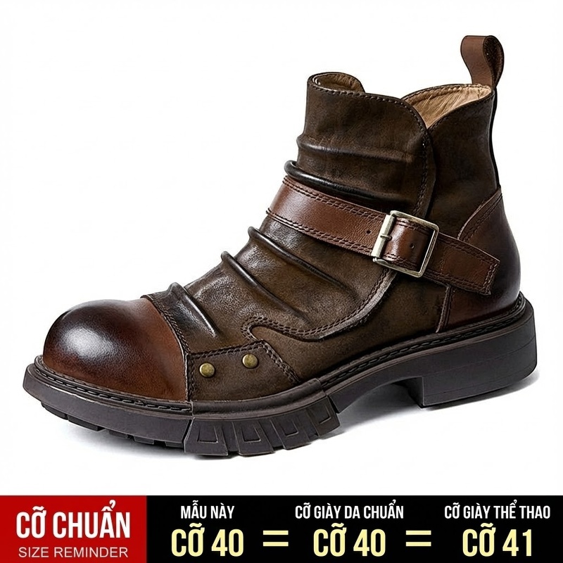 Boot Cơ Bắp Nam Da Thật Phong Cách Punk Chiều Cao Đế Khoảng 4cm Màu Đen, Nâu