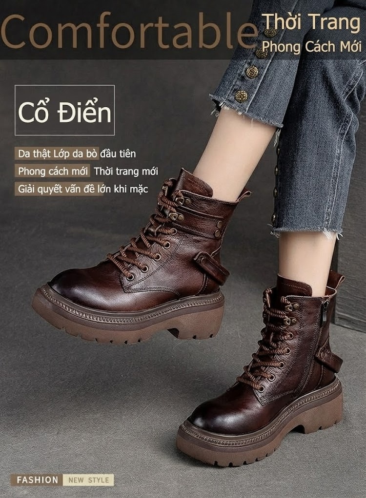 Boot Nữ Cổ Ngắn Da Bò Phong Cách Anh Quốc Chiều Cao Đế Khoảng 5cm Màu Đen, Nâu chi tiết 1