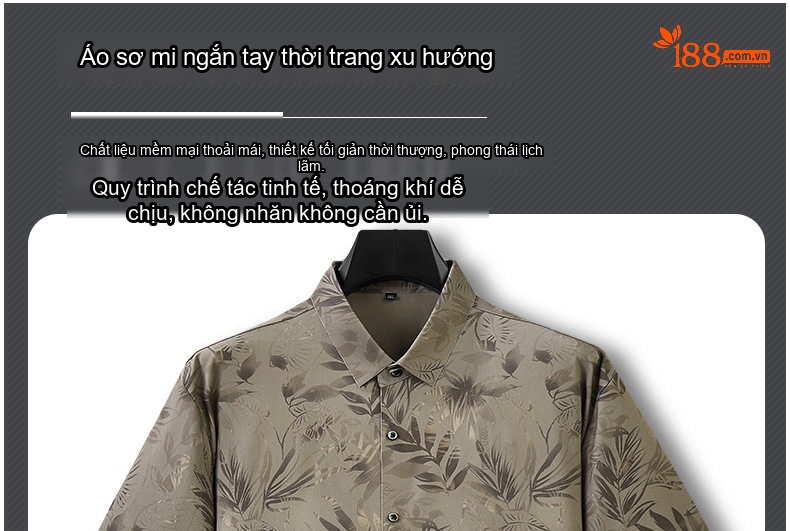 Áo Sơ Mi Nam Tay Ngắn Ice Silk Họa Tiết Lá Cây Form Rộng Màu Xám chi tiết 1