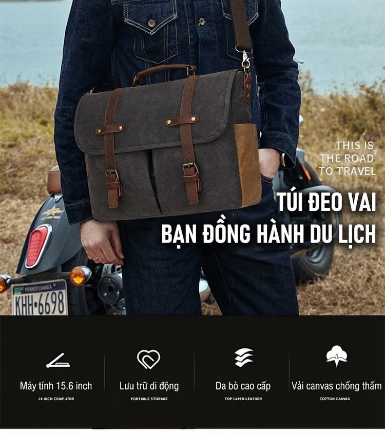 Túi Đeo Chéo Nam Vải Canvas Da Bò Túi Máy Ảnh Phong Cách Retro Màu Xám, Nâu chi tiết 3