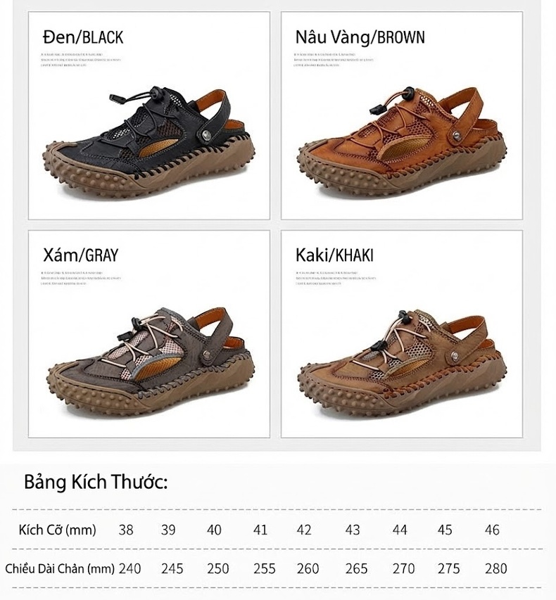 Sandal Nam Bít Mũi Da Mềm Lưới Thoáng Khí Đế Mềm Cao 3cm chi tiết 4