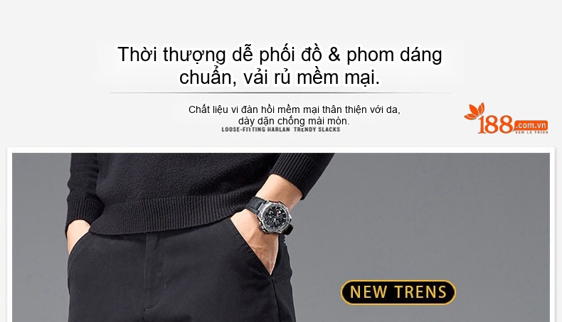 Quần Dài Nam Cotton Ống Suông Rộng Thoải Mái Lưng Cao Màu Đen, Xám, Be chi tiết 1