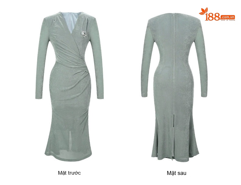 Váy Dự Tiệc Dáng Ôm Cổ Chữ V Tay Dài Chất Liệu Vải Nhung Màu Hồng, Xanh chi tiết 7
