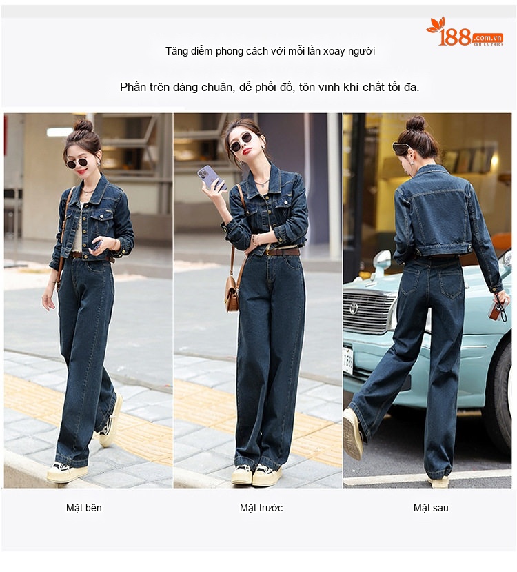 Set Bộ Quần Áo Nữ Jean/Denim Áo Khoác Lửng Quần Ống Rộng Phong Cách Hàn Quốc Màu Xanh Navy chi tiết 7