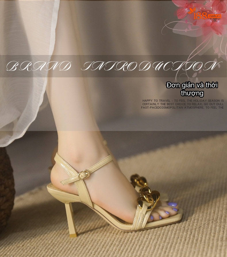 Giày Sandal Cao Gót Nữ Quai Ngang Mũi Vuông Đính Xích Gót Cao 8cm Màu Trắng, Kem, Đen chi tiết 1