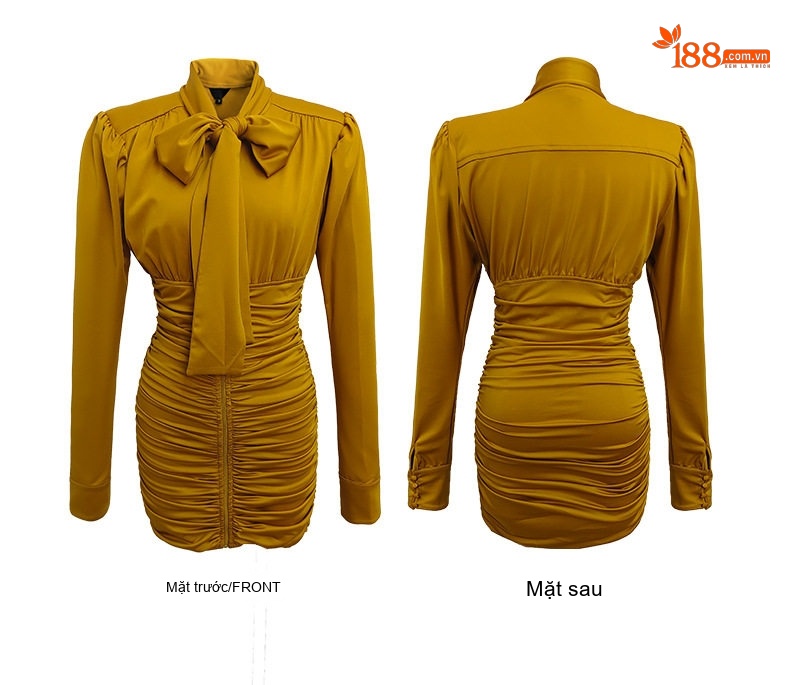 Đầm Ôm Body Nữ Tay Dài Cổ chữ V Thắt Nơ Kiểu Dáng Thanh Lịch Màu Vàng chi tiết 5