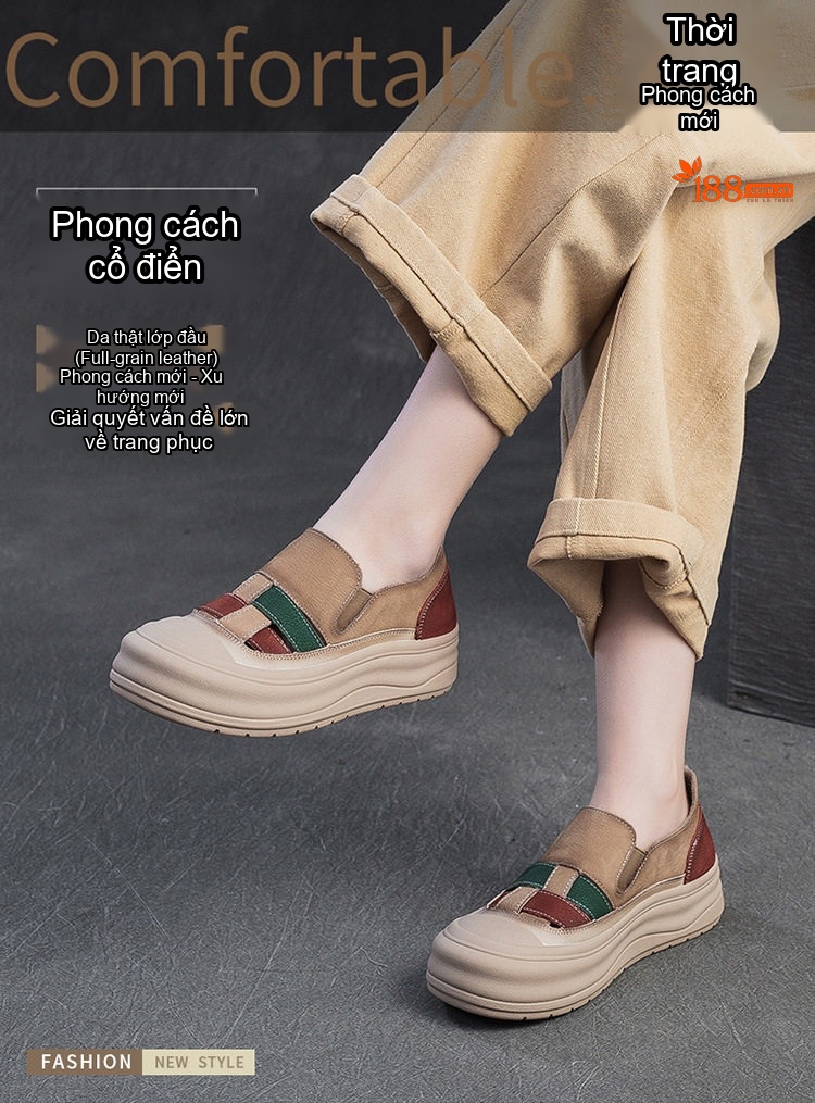 Giày Lười Nữ Đế Dày Phong Cách Vintage Chiều Cao Đế Khoảng 4cm Màu Be, Đỏ, Vàng, Xanh Lá chi tiết 1