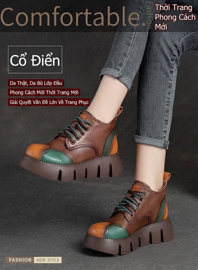 Boot Nữ Cổ Ngắn Da Bò Đế Bánh Mì Phối Màu Chiều Cao Đế Khoảng 5cm Màu Nâu, Vàng, Xanh Lá chi tiết 1