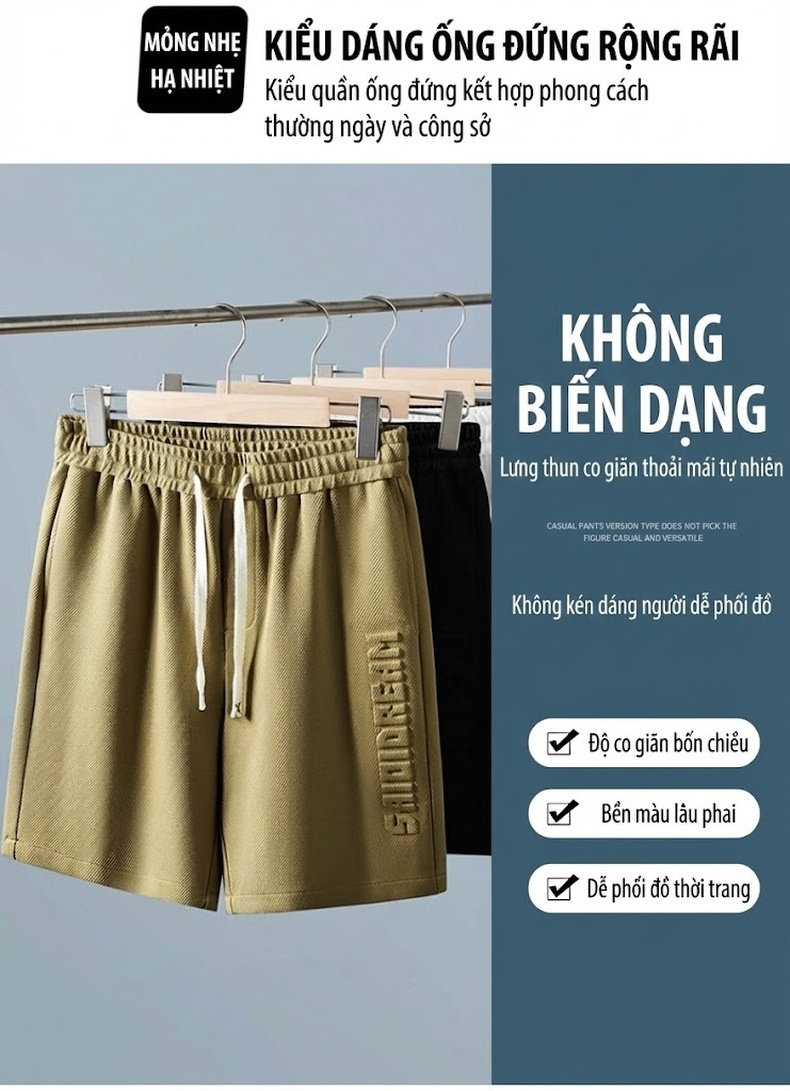 Quần Short Nam Cotton Dáng Rộng Lưng Thun Co Giãn Màu Đen, Trắng, Xám, Xanh Olive chi tiết 2