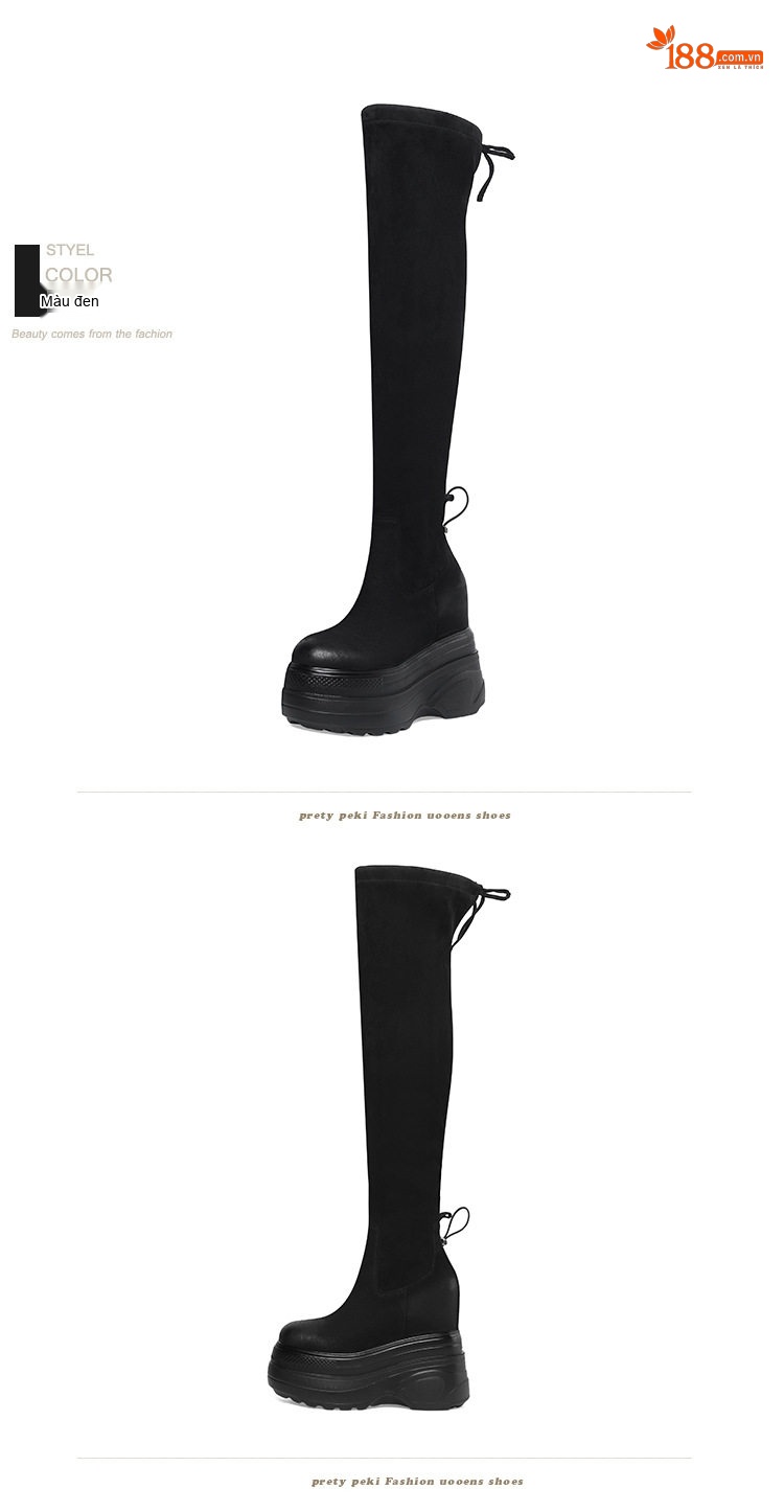 Boot Nữ Dáng Dài Qua Gối Da Mờ Đế Bánh Mì Chiều Cao Đế Khoảng 14cm Màu Đen chi tiết 7