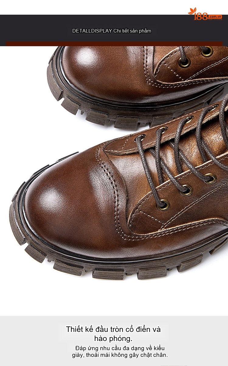 Giày Boot Martin Nam Da Thật Cổ Cao Đế Dày Phong Cách Retro Chiều Cao Đế Khoảng 5cm Màu Nâu, Đen chi tiết 8