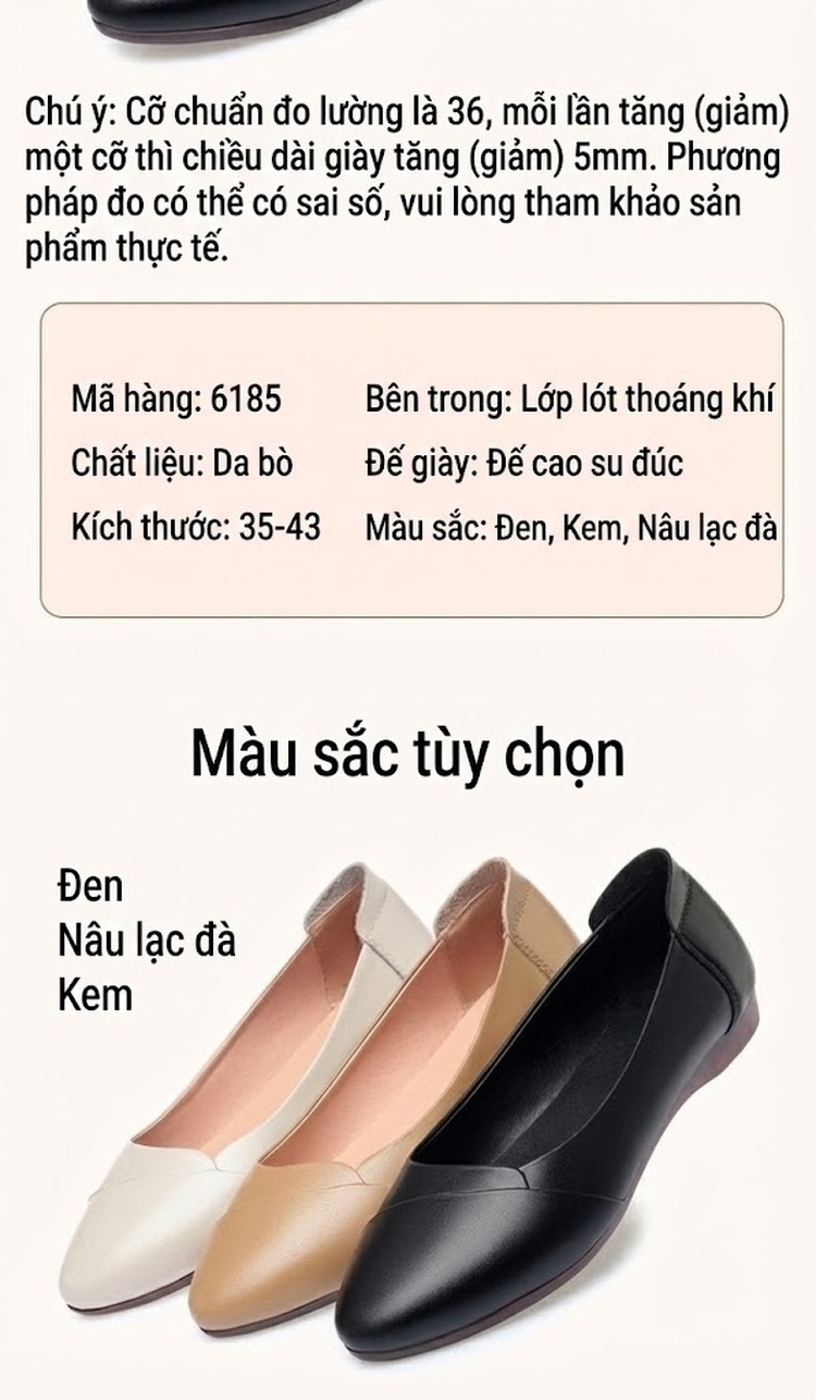 Giày Búp Bê Nữ Da Thật Mềm Mại Chiều Cao Đế Khoảng 2cm Màu Kem, Nâu, Đen chi tiết 4
