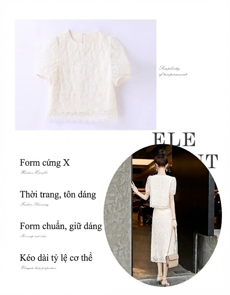 Set Áo Croptop Tay Ngắn và Chân Váy Dài Ren Cao Cấp Màu Hồng, Đen, Trắng chi tiết 4