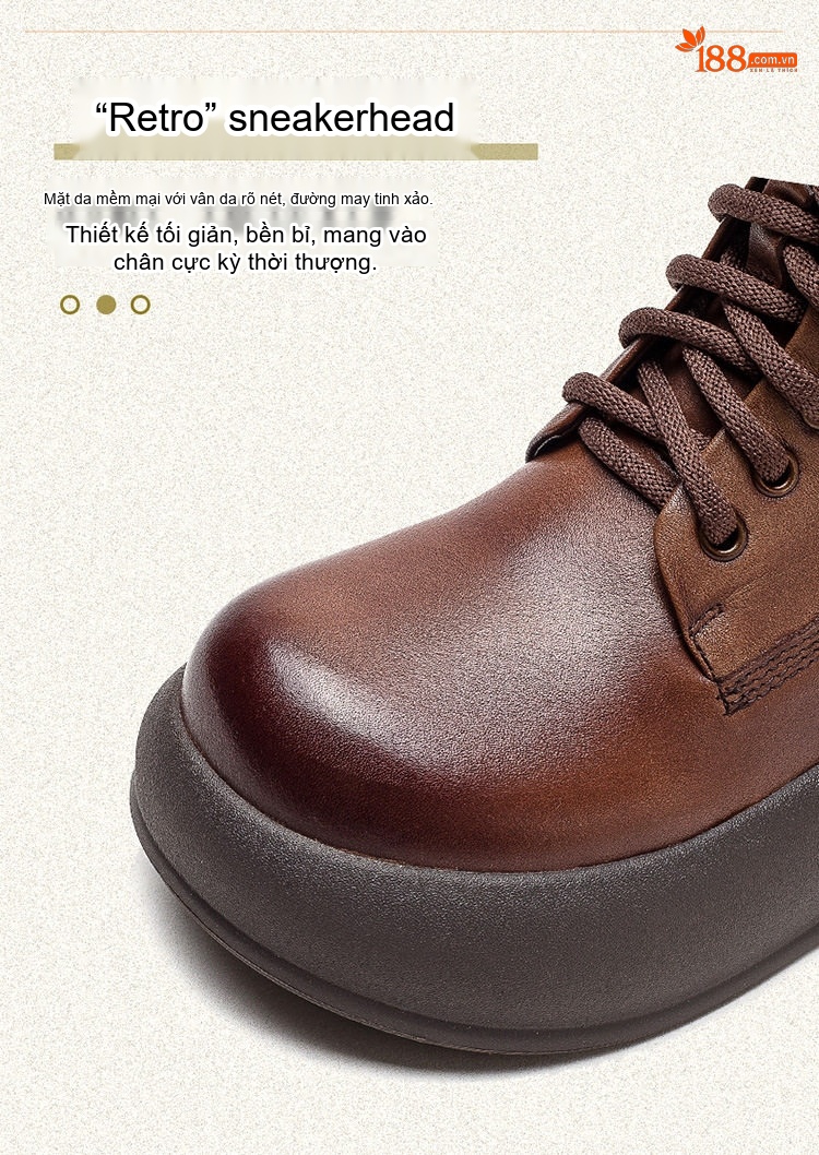 Boot Nữ Cổ Cao Da Bò Đế Dày Chiều Cao Đế Khoảng 5cm Phong Cách Retro Màu Đen, Nâu chi tiết 5