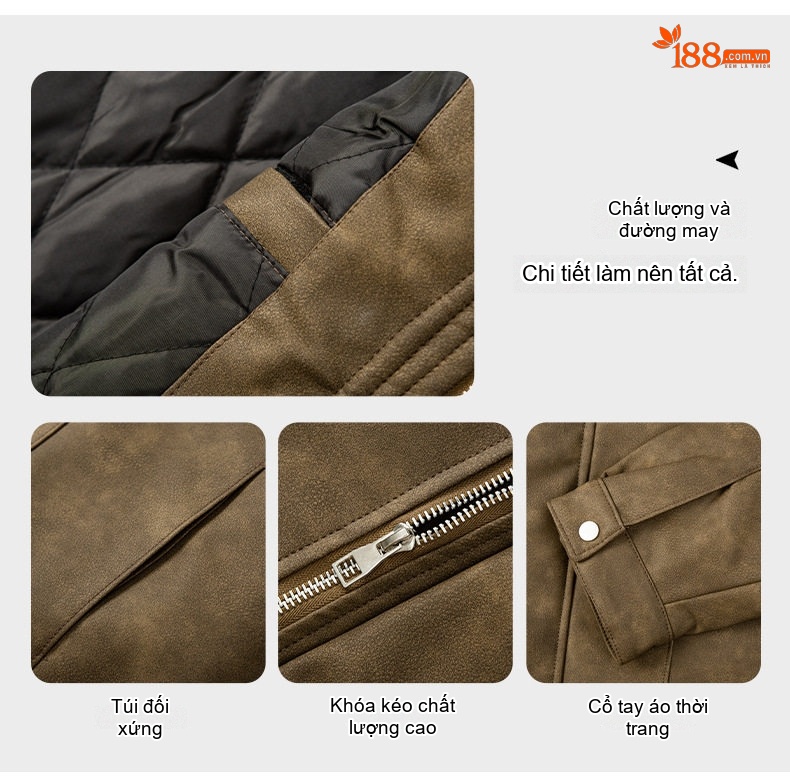 Áo Khoác Da PU Nam Cổ Bóng Chày Phong Cách Đường Phố Màu Nâu, Xanh, Xám chi tiết 12