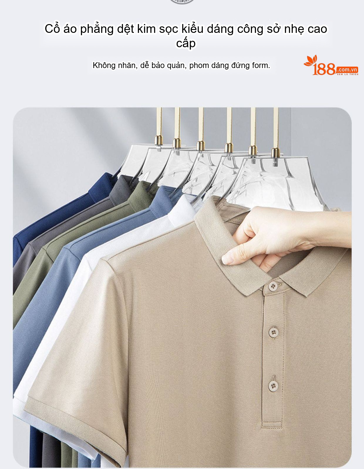 Áo Polo Nam Tay Ngắn Cotton Pima, Vải Mesh Thoáng Khí Màu Đen, Xám chi tiết 9