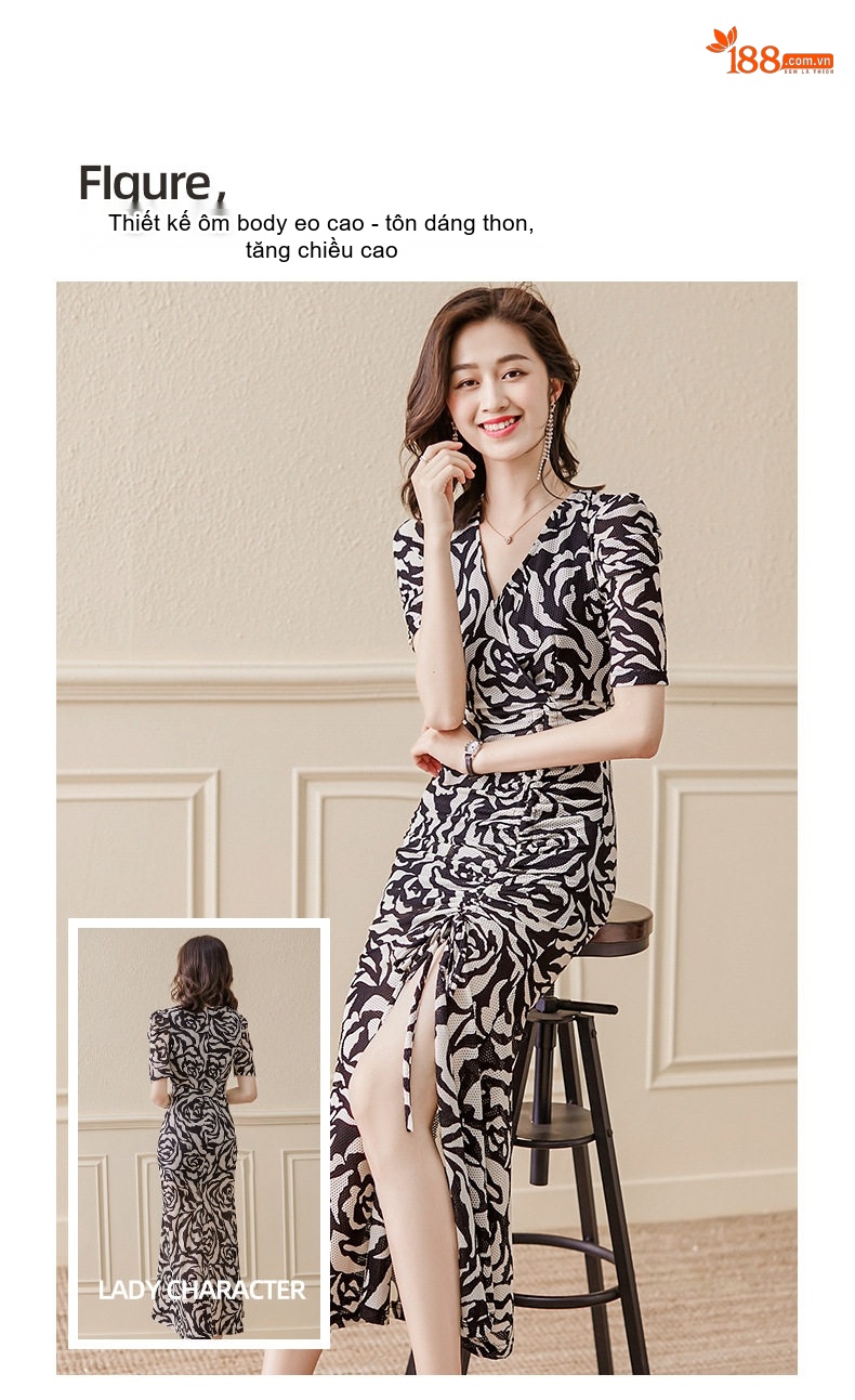 Váy Ôm Body Xẻ Tà Dáng Dài Họa Tiết Cao Cấp Phong Cách Pháp Màu Đen, Trắng chi tiết 2