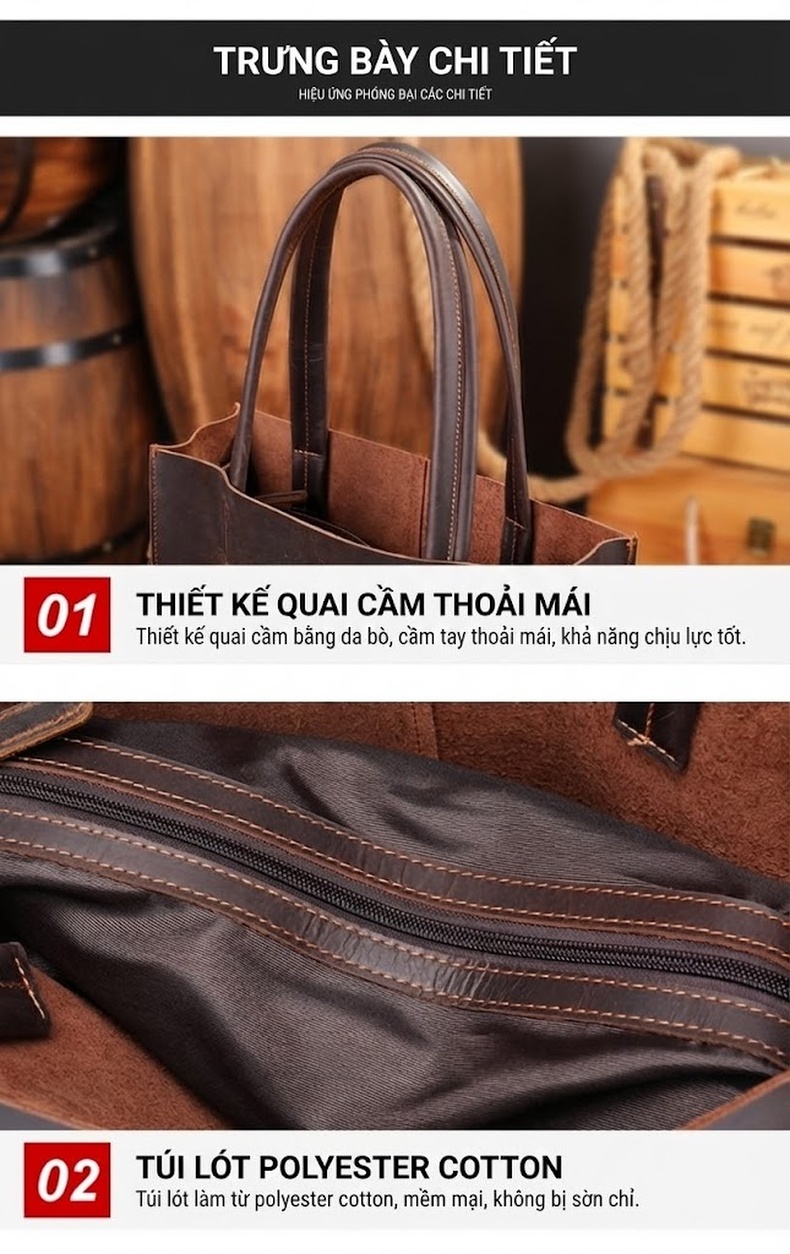 Túi Đeo Vai/Đeo Chéo Nam Da Thật Túi Tote Da Bò Sáp Màu Nâu chi tiết 13